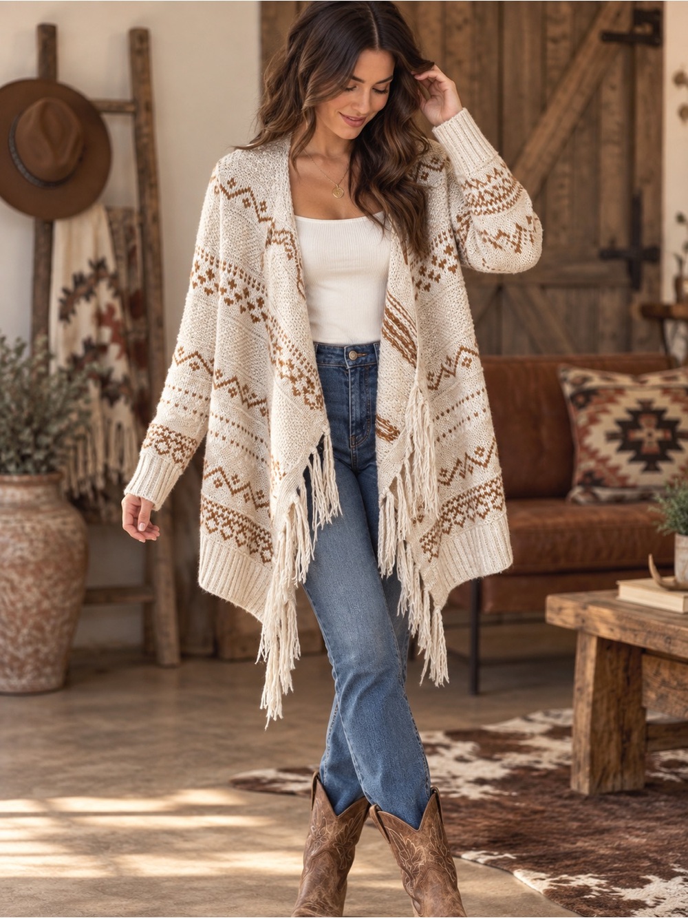 Old Navy Fair Isle Waterfall Cardigan Sweater Small Cream Tan Fringe Boho